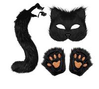 Animal Costume Furry Cat Mask and Tail Paw Gloves Set Faux Fur Plush Wolf Set Includes Mask Long Tail and Gloves Paws for Halloween Costume Fancy Dress Party Cosplay Accessory