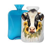 Animal Cow Sunflower Hot Water Bottle with Cover, 2L PVC Hot Water Bag with Soft Cover, Reusable Heating Pad for Pain Relief Warm Hands Waist Abdomen Feet & Bed