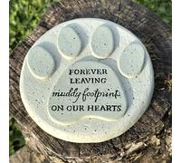 Animal Crackers 16cm Paw Print Dog or Cat pet memorial grave marker or pet loss gift, with forever leaving muddy footprints on our hearts wording, stone effect, 16cm diameter