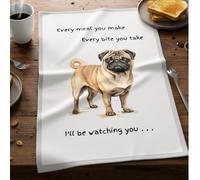 Animal Crackers Dog lover novelty Tea Towel, with Dog Breed image and 'Watching you' funny wording, quality cotton, 66cm, machine washable (White, Pug)