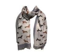 Animal Crackers Ladies Dachshund design scarf, lightweight cotton mix fabric in choice of styles and colours, a lovely Dog lover novelty gift and stocking filler (Black & Tan Dogs on Grey)
