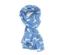 Animal Crackers Ladies Dachshund design scarf, lightweight cotton mix fabric in choice of styles and colours, a lovely Dog lover novelty gift and stocking filler (White Dog on Mid Blue)