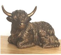Animal Crackers Laying Highland Cow Figurine From The Leonardo Reflections Bronzed Range, Gift Boxed.