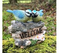 Animal Crackers Welcome Sign Ornament With Bluetits On Old Log, Garden Bird Lover Gift