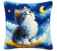 Animal Cross Stitch Latch Hook Sofa Cushion Cover,Kitten Looking Up at The Stars,3D Pre-Printed Pillow Case Latch Hook Embroidery Pillow Cover Kits with All Tool Fit for Kids and Adults,17X1