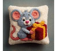 Animal Cross Stitch Needlework Set,Mouse Holding a Gift,DIY Latch Hook Cushion Kit Pillow Mat Crocheting Cushion Embroidery Pillow,17x17in