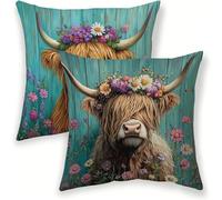 Animal Cushion Covers 20cm x 20cm Decorative Pillow Cases 2 pack, Waterproof Linen Cushion Covers Highland Cow, Double-Sided Printing Square Throw Pillowcases for Outdoor Sofa Living Room lj-287