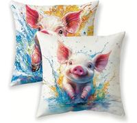 Animal Cushion Covers 20cm x 20cm Decorative Pillow Cases 2 pack, Waterproof Linen Cushion Covers Pig, Double-Sided Printing Square Throw Pillowcases for Outdoor Garden Sofa Bedroom Living Room lj-273