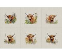 Animal Cushion Sets 6 x Linen Look Fabric and Allover Matching Prints Sewing Panels - Hedgerow Highland Cow Pattern