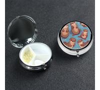 Animal Cute Brown Otters Pill Box 3 Compartment Round Metal Pill Case for Purse & Pocket, Portable Medicine Organizer Travel Pillbox Daily Pill Container Holder to Hold Vitamins, Fish Oil