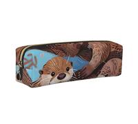 Animal Cute Brown Otters Printed Leather Pencil Case Cute Stationery Organizer Simple Makeup Bag Pen Pouch, Gold Zipper
