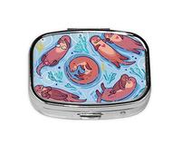 (Animal Cute Brown Otters) Square Pill Box with 2 Compartment Small Pill Organizer Portable Pill Case Vitamin Containers, Travel Essentials 5.5x4x1.8 cm