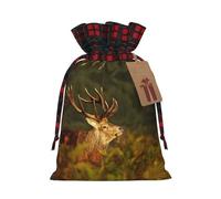 Animal Deer Christmas Drawstring Linen Gift Bag Paired With Scottish Plaid Fabric, With A Delicate And Simple Texture