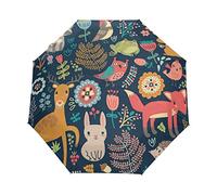 Animal Deer Fox Runny Bird 3 Fold Auto Open Close Umbrella for Rain Windproof Outdoor Travel Umbrellas Compact Lightweight Sun UV Protection Folding Umbrella for Kids Men Women