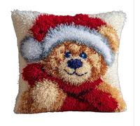Animal DIY Latch Hook Cushion Kits,Cartoon Bear Wearing Santa hat,Latch Hook DIY Throw Pillow Cover Craft,Embroidery Kits with Printed Canvas,17x17in
