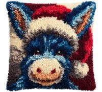 Animal DIY Latch Hook Kits for Beginners,Donkey Wearing a Santa hat,Latch Cross Stitch Sofa Cushion,Includes Cushion Kits and Yarn Set for Crochet,17x17in