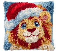 Animal DIY Latch Hook Pillow Kits for Adults,Lion cub Wearing Santa hat,Pillow Cover with Preprinted Pattern Embroidery Latch Hooking Cushion for Home Decor,17x17in