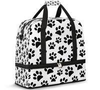 Animal Dog Cat Paw Print Black Travel Duffel Bag for Women Men, Foldable Sports Gym Bag Weekend Overnight Totes Carry on Cabin Bag with Shoes Compartment