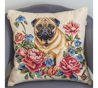 Animal Dog Cross Stitch Pillow Kit,Pug and Flowers,DIY Needlework Kit Embroidery Pillow Canvas Cushion,Birthday Gift,45x45cm