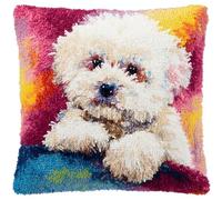 Animal Dog DIY Latch Hook Cushion Kits,White Bichon Frise,Latch Hook DIY Throw Pillow Cover Craft,Embroidery Kits with Printed Canvas,17x17in
