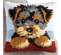 Animal Dog DIY Latch Hook Kits for Beginners,Yorkshire Terrier Puppy,Latch Cross Stitch Sofa Cushion,Includes Cushion Kits and Yarn Set for Crochet,17x17in