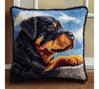 Animal Dog DIY Latch Hook Pillow Kits for Adults,Rottweiler on The windowsill,Beginner Cushion Cover Latch Hook Kit,Creative Craft for Family Home Decor,17x17in