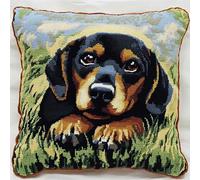 Animal Dog Latch Hook Cushion Kits,Dachshund on The Grass,Latch Hook Pillow Case,Embroidery Kits,DIY Needlework Pillow Cover Sofa Cushion Rug Making,17x17in