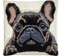 Animal Dog Latch Hook Kits for Adults Beginners,French Bulldog,Latch Hook Pillow Kit Pre-Printed Cross-Stitch Embroidery Cushion for Home Sofa Decoration,17x17cm