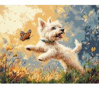 Animal Dog Latch Hook Kits for Adults,West Highland White Terrier chasing butterflies,Pre-Printed Canvas Diy Rug Making Kit Crochet Yarn for Kids Beginners,Crafts Carpet for Home Decoration,52x38cm