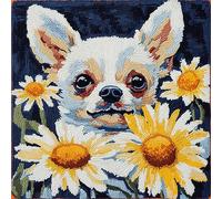 Animal Dog Latch Hook Pillow Case Kits,Chihuahua and Daisy Flowers,Latch Hook Kit for Adults,DIY Latch Hook Cushion,Canvas Creativity Crochet Gift,17x17in