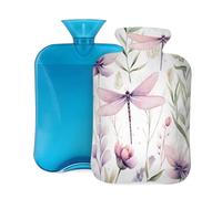 Animal Dragonfly Pink Flower Hot Water Bottle with Cover, 2L Large Capacity Hot Water Bag for Hot Cold Compress, Hand Feet Warmer, Neck Shoulder Pain Relief