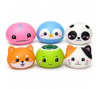 Animal Dumpling Squishy Toys 8.5cm - 6x Random Bao Bun with Cute Character Design in Plastic Steamer Box, Fidget Mystery Squeeze Toy for Kids Party Bag Gift Age 3+