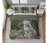 Animal Duvet Cover Set, Quilt Cover Bedding Set in Grey White Microfibre with Pillowcases, King 230 X 220 cm, Snow leopard Cub Rock, Lightweight, Soft Touch, Easy Wash, Fade Resistant