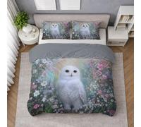 Animal Duvet Cover Set, Quilt Cover Bedding Set in Pure White Microfibre with Pillowcases, King 230 X 220 cm, Owl Flower Star, Lightweight, Soft Touch, Easy Wash, Fade Resistant