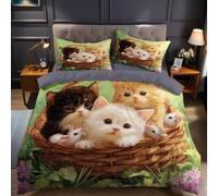Animal Duvet Cover Sets Emperor Size Pet three kittens Printed Bedding Set 3 Pcs Microfiber Soft Quilt Cover 290x235 cm & 2 Pillowcases 50x75 cm with Zipper Closure