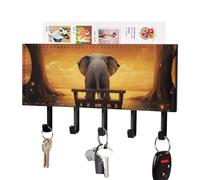 Animal Elephant Owl Tree Moon Star Key Holder for Wall, Decorative Key Hooks with Mail Organizer & 5 Hooks, Self Adhesive Leather Key Hanger for Entryway, Wall Mounted Key Rack (7.1” X 4.3” X 0.9”)