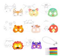 Animal for Kids DIY Graffiti Blank Paper Painting Mask，8 PCS White Card Color-in Masks with 8 PCS Cords and 6 PCS Colorful Pens with Straps Dress Up Masquerade Safari Birthdays Party Favors Supplies