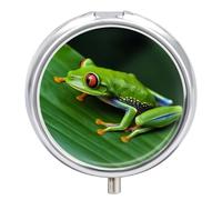 Animal Frog Green Leaf Leaves Pill Box Travel Pill Case for Purse Pocket Weekly Medicine Organizer with Mirror 3 Compartment Round Medicine Case Portable PillcaseHolder for Daily