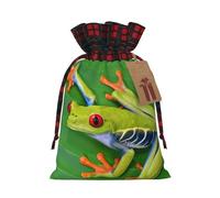 Animal Frog Green Leaf Leaves Print Plaid Burlap Bag With Drawstring Christmas Burlap Pouches For Birthday Party Favors Gift