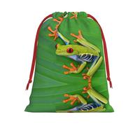 Animal Frog Green Leaf Leaves Print Santa Sack Drawstring Bags For Presents, Reusable Plush Holiday Fabric Gift Bags- L Size