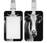 Animal Funny Cow Head Black White ID Badge Holder Waterproof Card Protector Push-Pull Slot Work ID Card Holder with Lanyard Personalized Detachable Card Holders for Office Corporate Use
