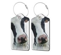 Animal Funny Cow Head Black White,Luggage Tags Pu Leather Name Tag Travel Suitcase Identifier ID Tags Durable Luggage Label 2 pcs