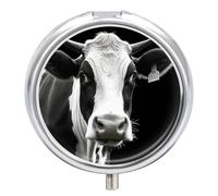 Animal Funny Cow Head Black White Pill Box Portable Mini Travel Pill Organizer Holder 3 Compartment Decorative Round Pills Case Exquisite Daily Vitamin Container for Cod Liver Oil