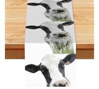 Animal Funny Cow Head Black White Print Entryway Table Runner, 183cm Washable Faux Linen Table Runner For Farmhouse And Entryway Decor
