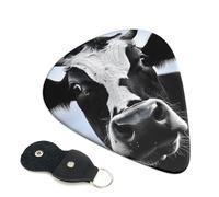 Animal Funny Cow Head Black White Printed Guitar Picks, 6 Pack with Leather Keychain Pick Holder - 0.46mm, 0.71mm, 0.96mm Assorted Thickness for Acoustic Ukulele, Electric Guitar