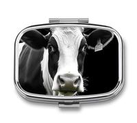 Animal Funny Cow Head Pill Organizer Container for Travel, Metal 2 Compartment Square Pill Case, Portable Mini Medicine Box Pill Storage Case for Purse Pocket, Supplement Storage