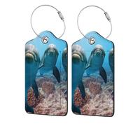 Animal Funny Dolphin Printed,Luggage Tags Pu Leather Name Tag Travel Suitcase Identifier ID Tags Durable Luggage Label 2 pcs