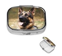 Animal German Shepherd Pill Box 2 Compartment Square Portable Pill Case for Pocket or Purse Pill Holder Weekly Pill Organizer Decorative Metal Medicine Vitamin Organizer Travel Gift