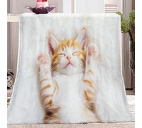Animal, Ginger Cat Super Soft Fluffy Fleece Throw Blanket White Non-Shedding, Cozy Blanket for Couch, Sofa or Bed - Ideal for Adults & Kids Room Décor Gift 150x200 cm