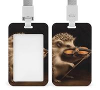 Animal Hedgehog Music Violin Badge Holder with Lanyard - Waterproof Hard Plastic ID Card Holder Professional Name Tag Vertical ID Card Name Badge for Office Nurse Doctor Teacher